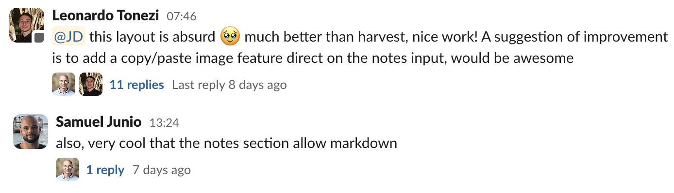 Team chat feedback on the new system: 'Great layout' and 'markdown is sweet.'